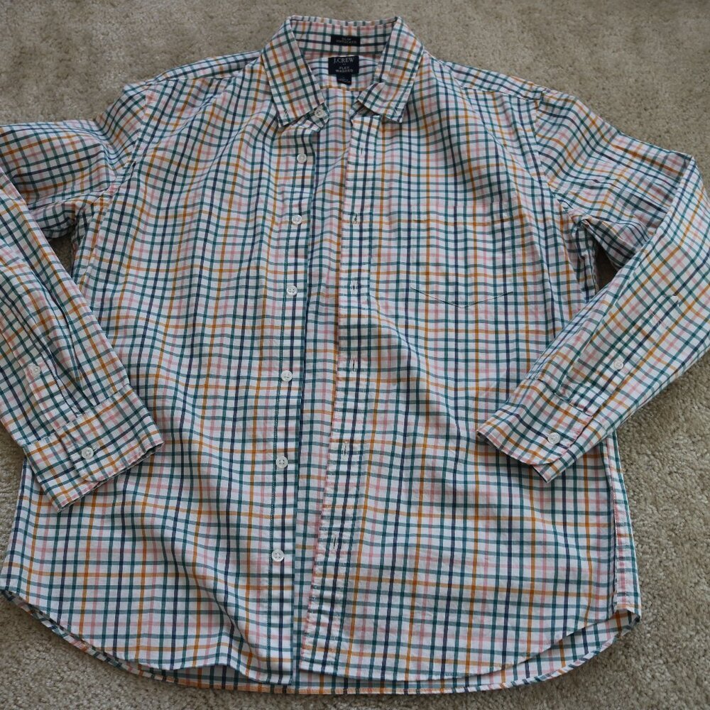 J. Crew Men’s Plaid Button-Down Shirt in White, Blue, Orange, Green